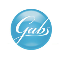 Logo circolare blu con Gabs in script corsivo bianco nella collezione Gabs