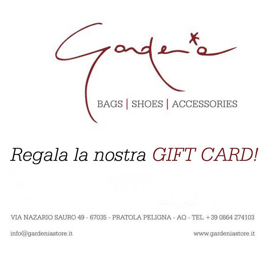 Carta regalo Gardenia Store con logo elegante a cursiva e contatti