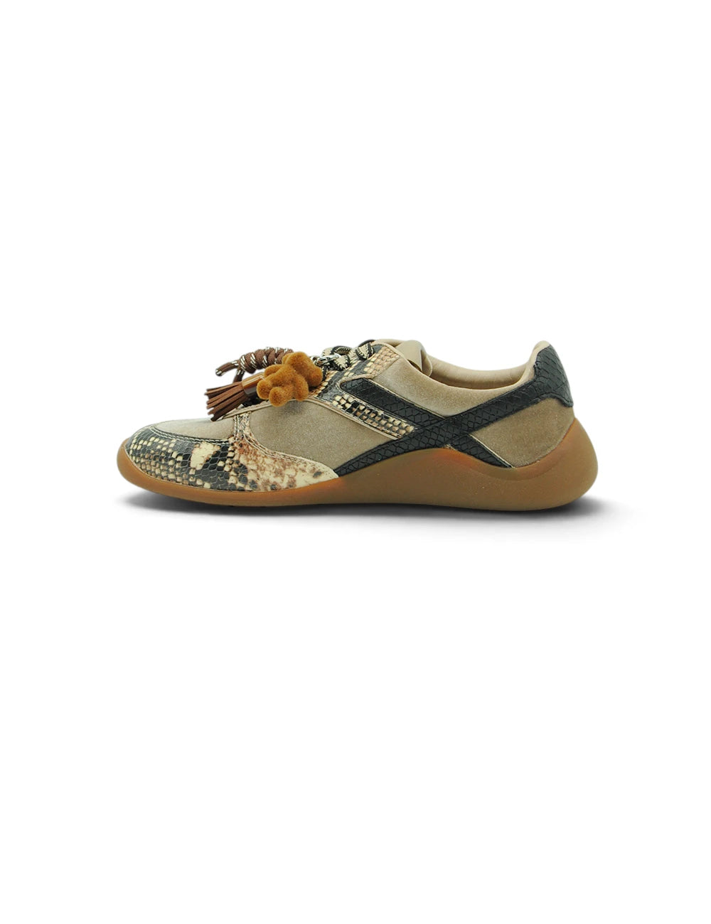 Sneaker 3p sneakers velvet stone beige e nero stampa serpente con dettagli in suede nappina marrone e suola in gomma tan