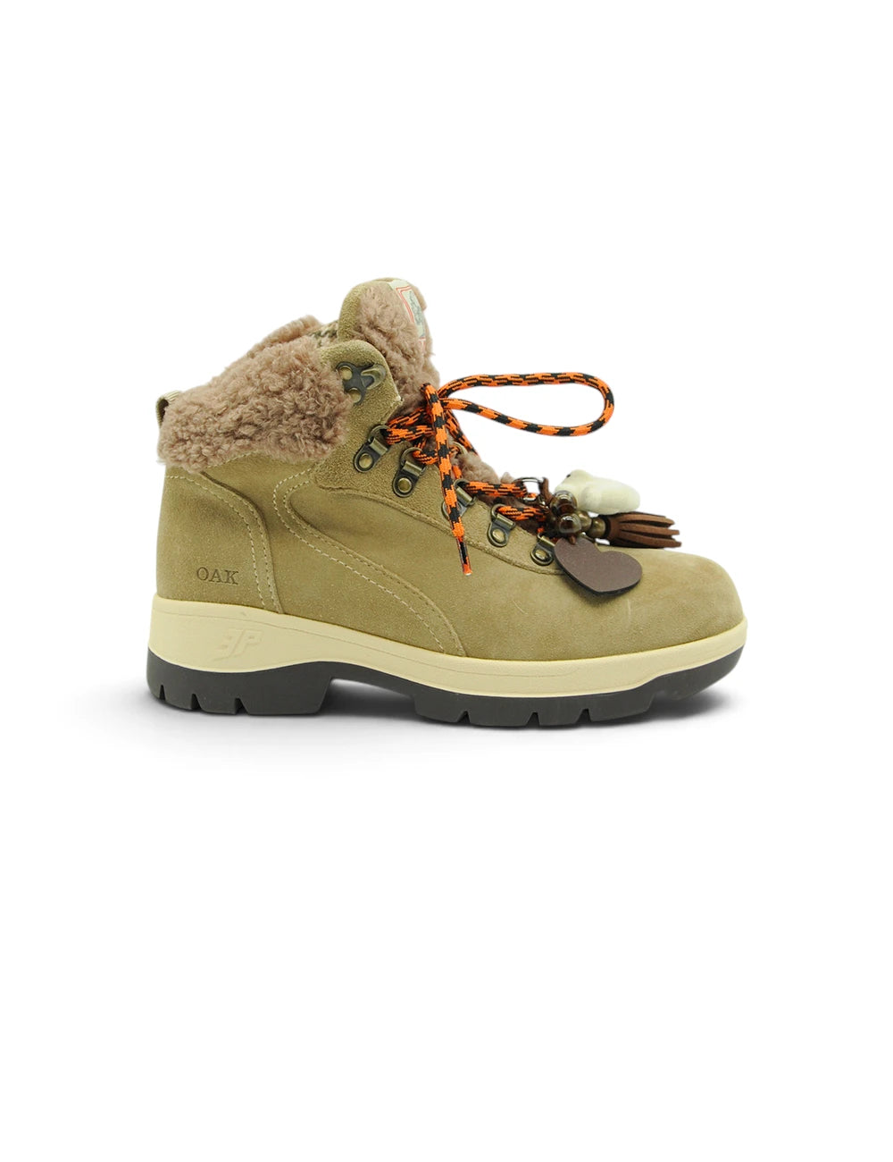 Oak 3p scarponcino chalet teddy beige in pelle scamosciata verde oliva con fodera in shearling beige e lacci a contrasto