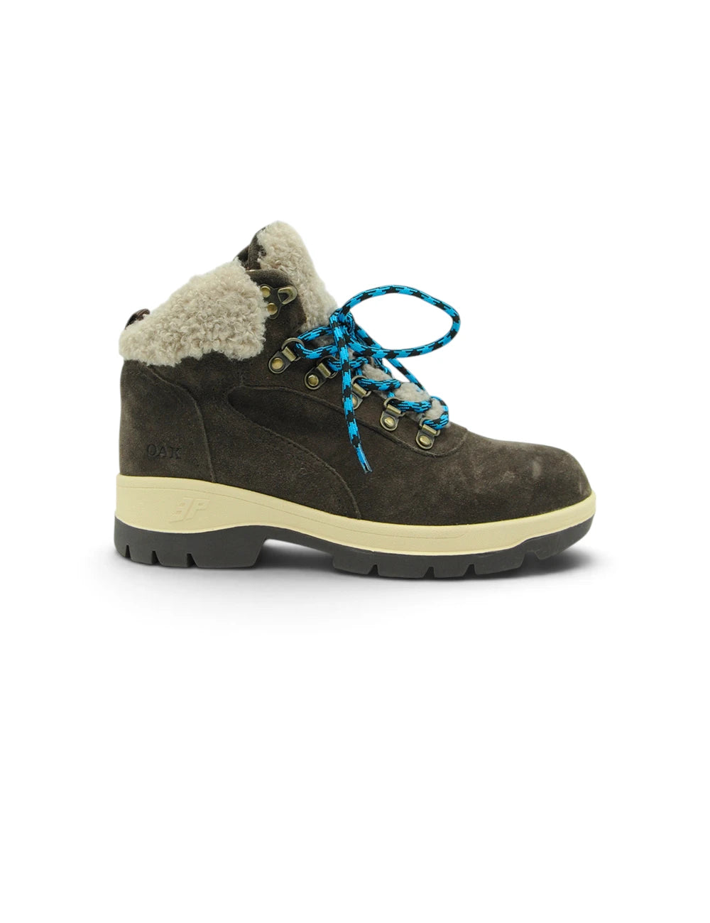 Scarponcino chalet teddy coffee in pelle scamosciata marrone con fodera beige pelosa e lacci blu vivaci