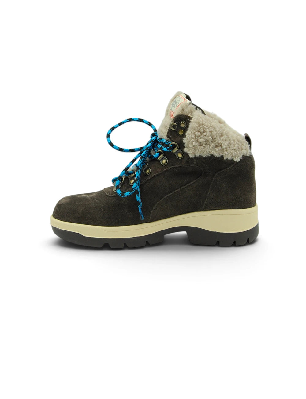 Scarponcino da trekking 3p chalet teddy coffee in camoscio marrone scuro con lacci blu e fodera in shearling panna