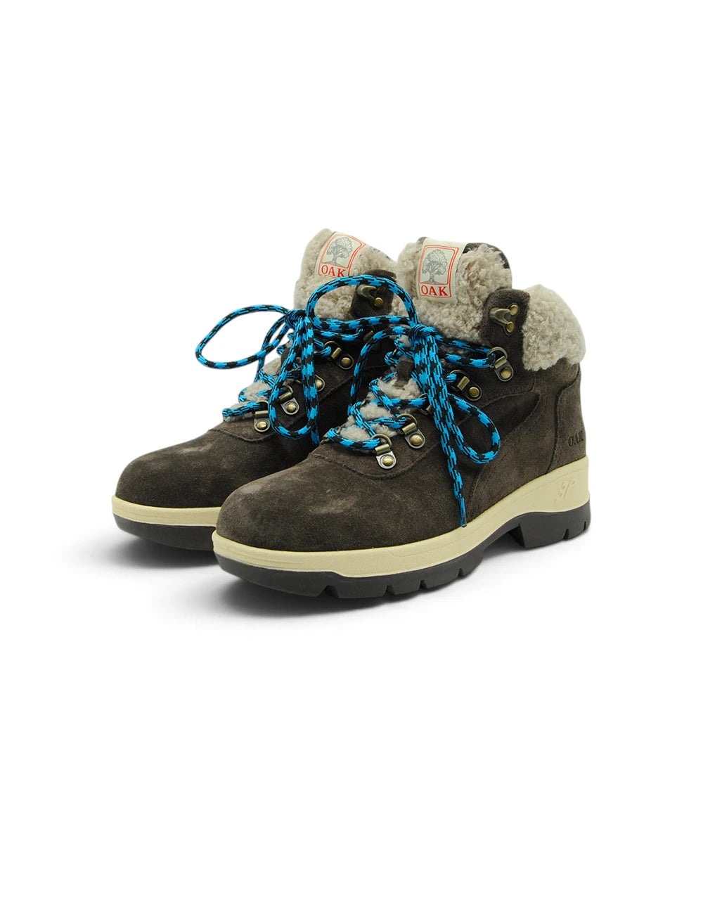 Scarponcino chalet teddy coffee in pelle scamosciata marrone scuro con fodera in shearling beige e lacci blu luminosi