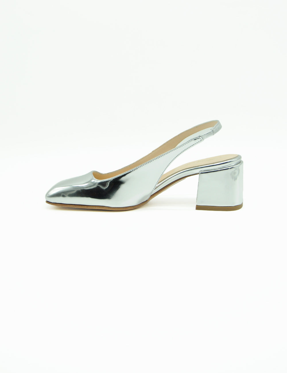 Décolleté slingback Anna F. argento con tacco a blocco metallico lucido
