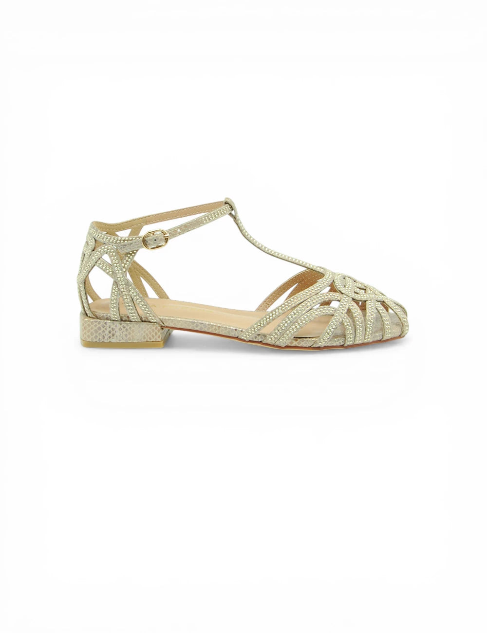 Sandalo piatto alma en pena camel color oro con tomaia intrecciata e tacco basso