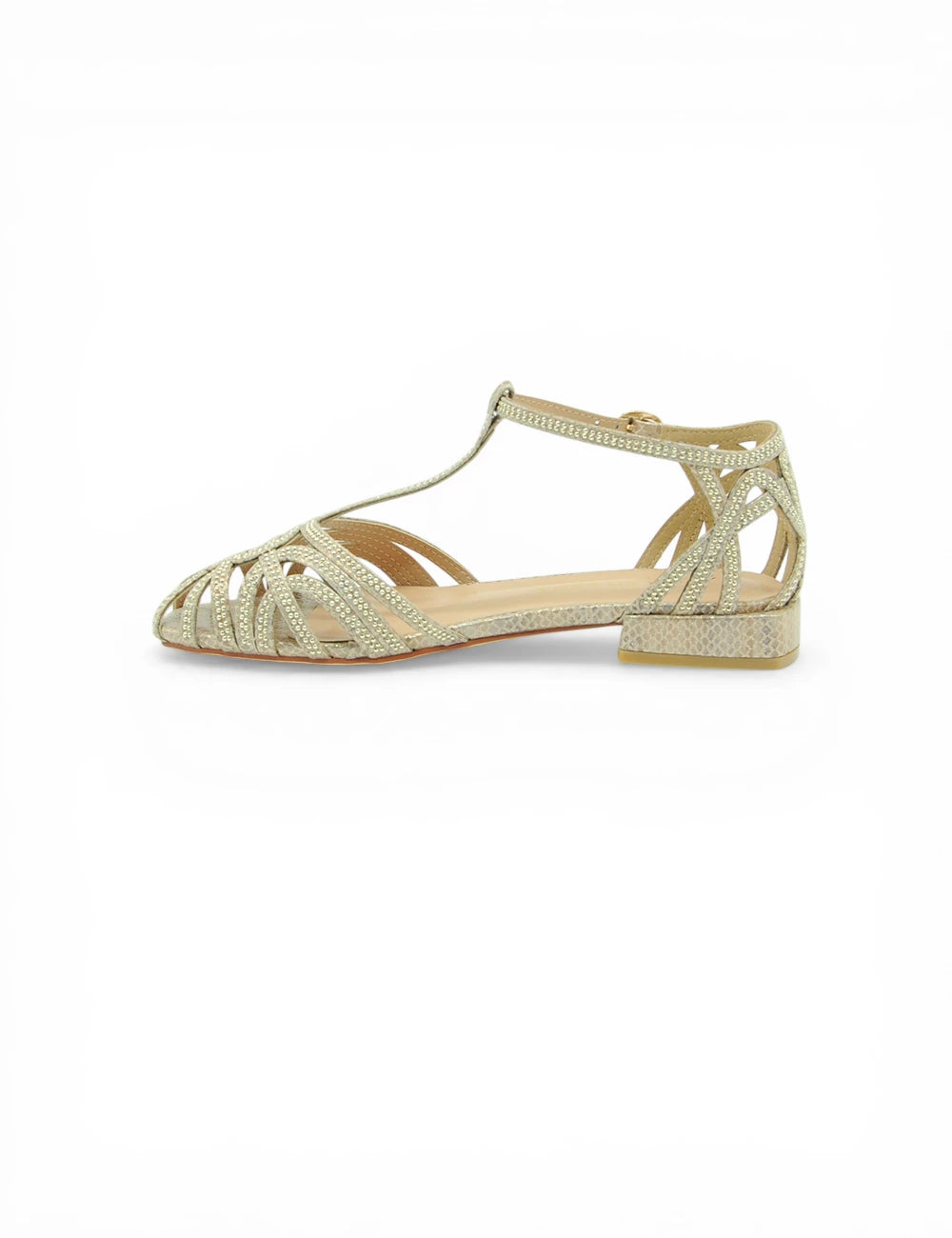 Sandalo flat alma en pena camel glitter dorato con t-strap e design incrociato in materiale lucido