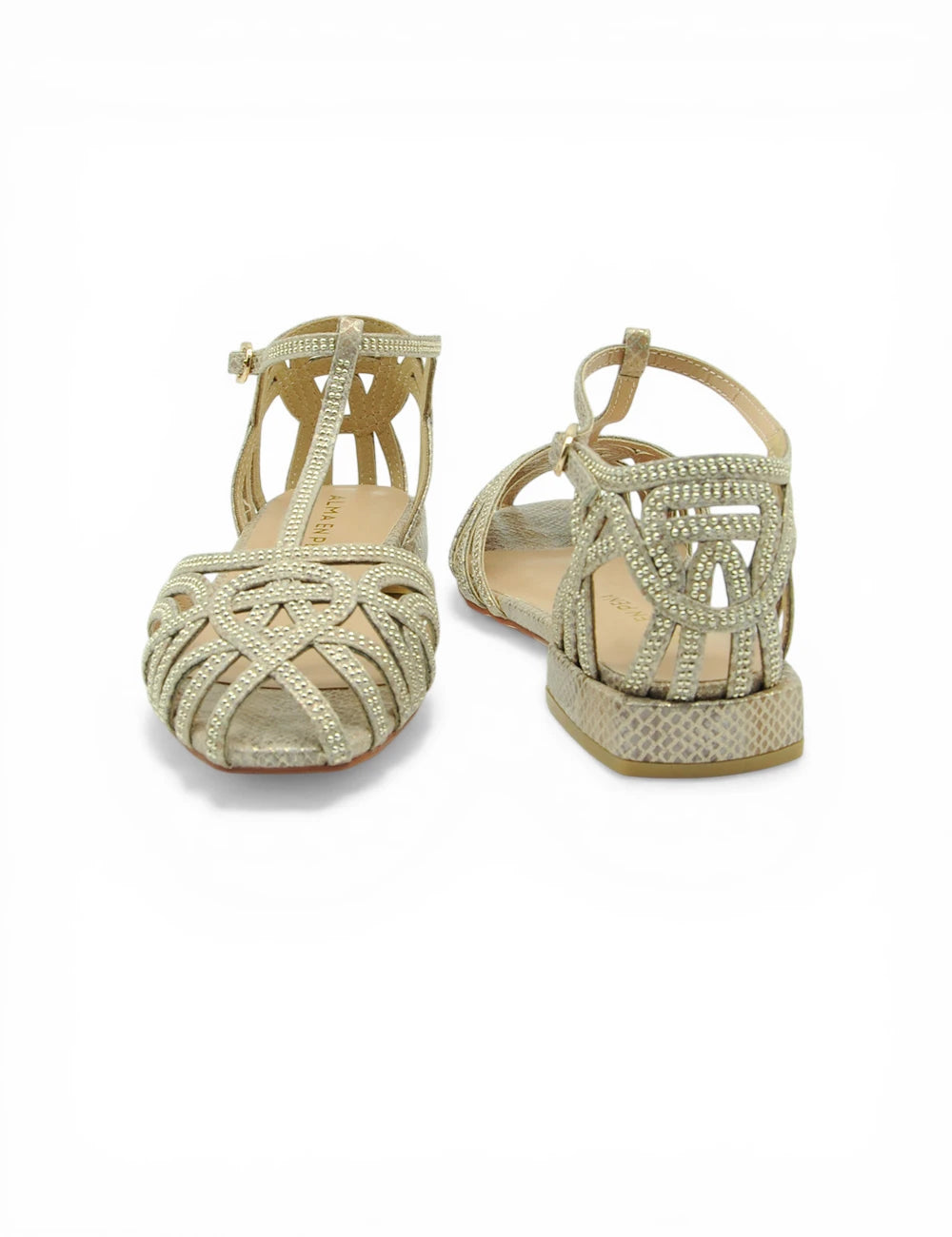 Gold-toned alma en pena sandalo camel strappy sandals with woven patterns and rhinestone embellishments