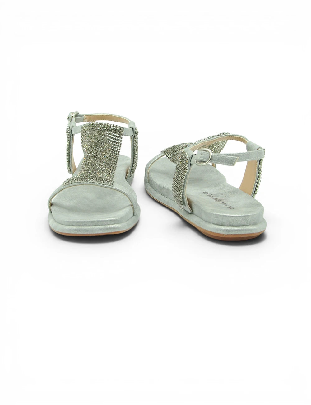 Alma en Pena sandalo silver t-strap con cinturini decorati da strass e tomaia scamosciata morbida
