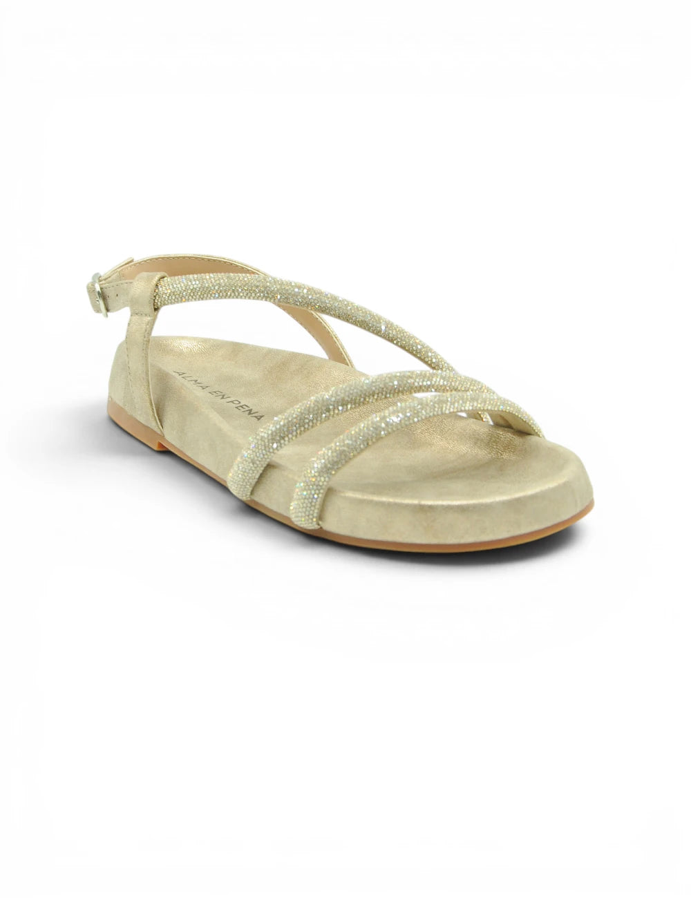Sandalo Alma en Pena bronzo con cinturini glitter oro e tomaia morbida effetto suede su suola marrone chiaro