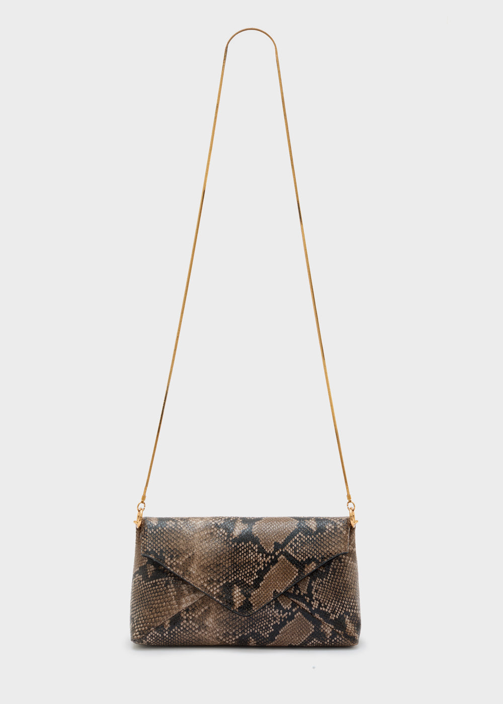Clutch nalì snake marrone in stampa serpente taupe e marrone con catena sottile dorata