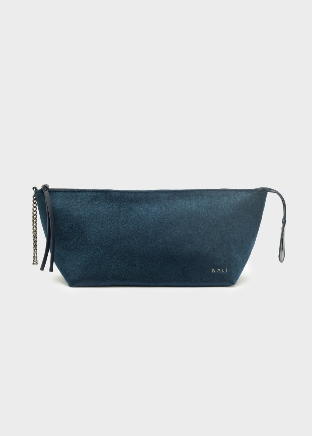 Dark teal suede nalì maxi clutch catherine blu with chain and leather strap embroidered nadi logo on front