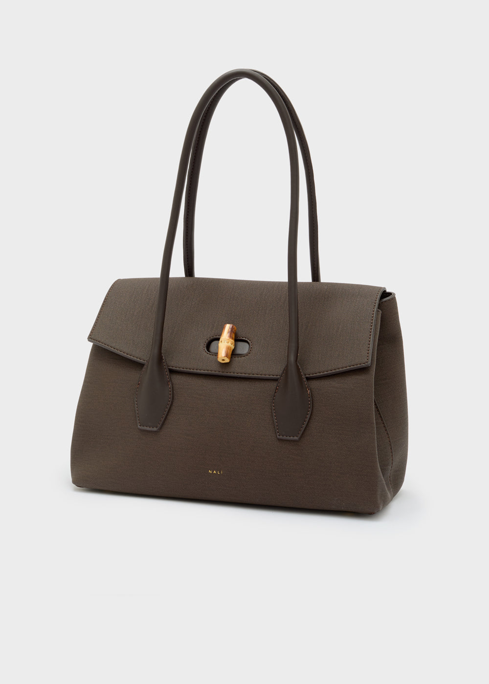 A sleek dark brown leather handbag nalì a spalla jeanne marrone with bamboo style gold tone clasp and matching handles