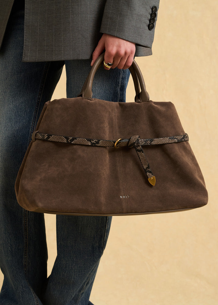 Brown suede handbag nalì a mano melissa marrone con cintura effetto pelle di serpente e dettagli in metallo dorato