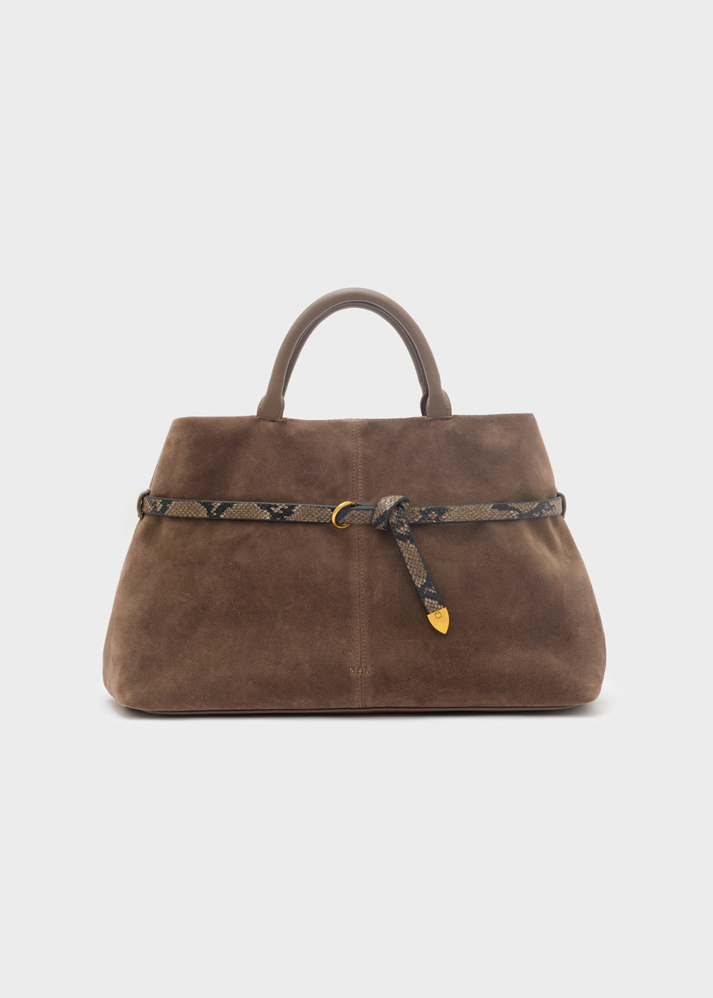 Brown suede handbag nalì a mano melissa marrone with snakeskin-patterned belt tied in a bow and gold-tone triangular tag