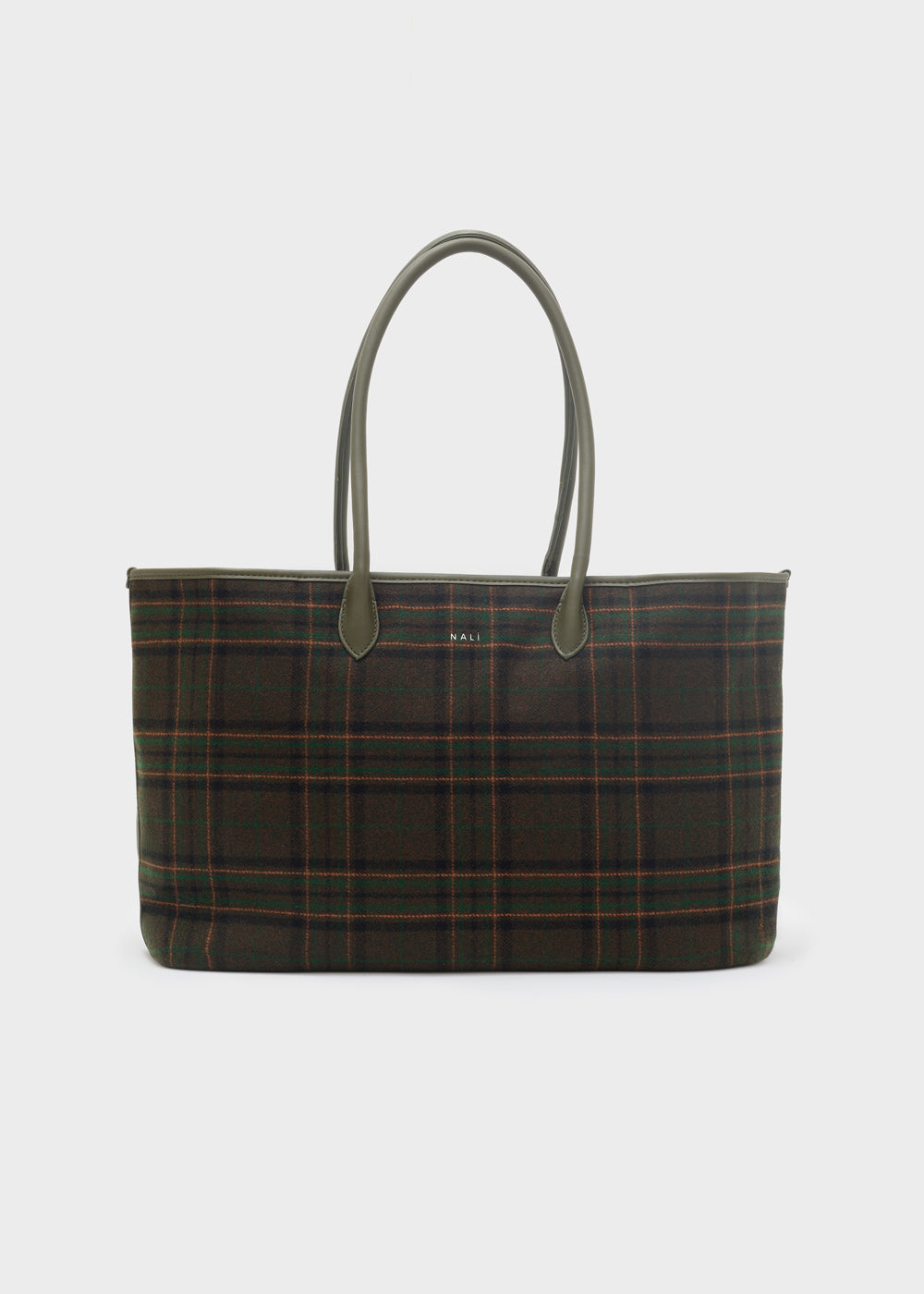 Tote bag nalì a spalla kassydy double verde in plaid verde scuro con manici in pelle oliva e logo discreto sul davanti