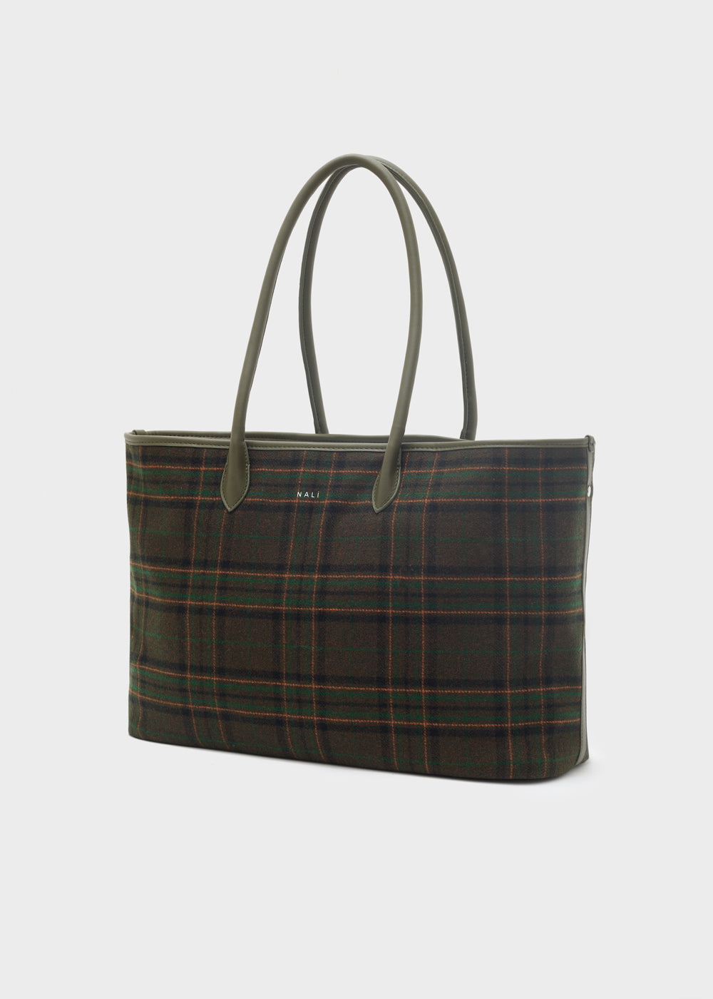 Dark green plaid tote bag with olive leather handles and subtle wall logo by nalì a spalla kassydy double verde
