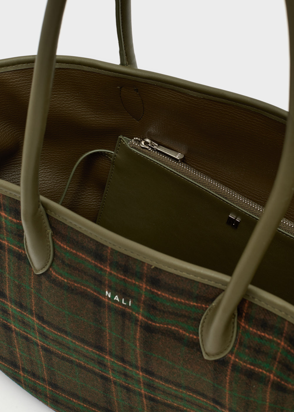 Tote bag verde oliva a quadri nalì a spalla kassydy double con manici e fodera in pelle abbinati