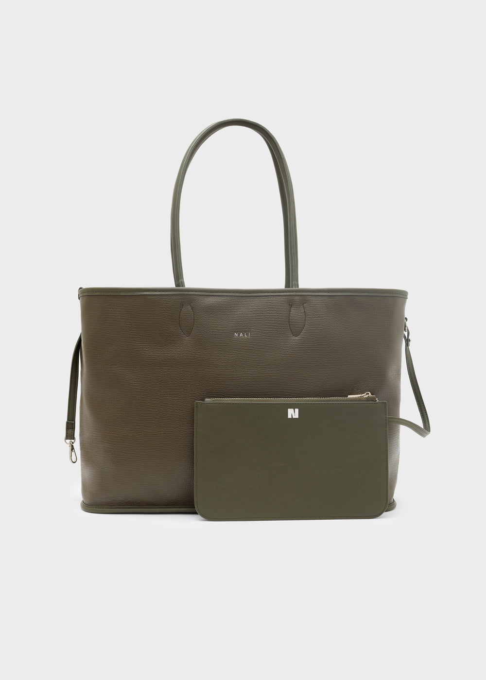 Nalì a spalla kassydy double verde tote bag in pelle verde oliva con tracolla staccabile e pochette coordinata