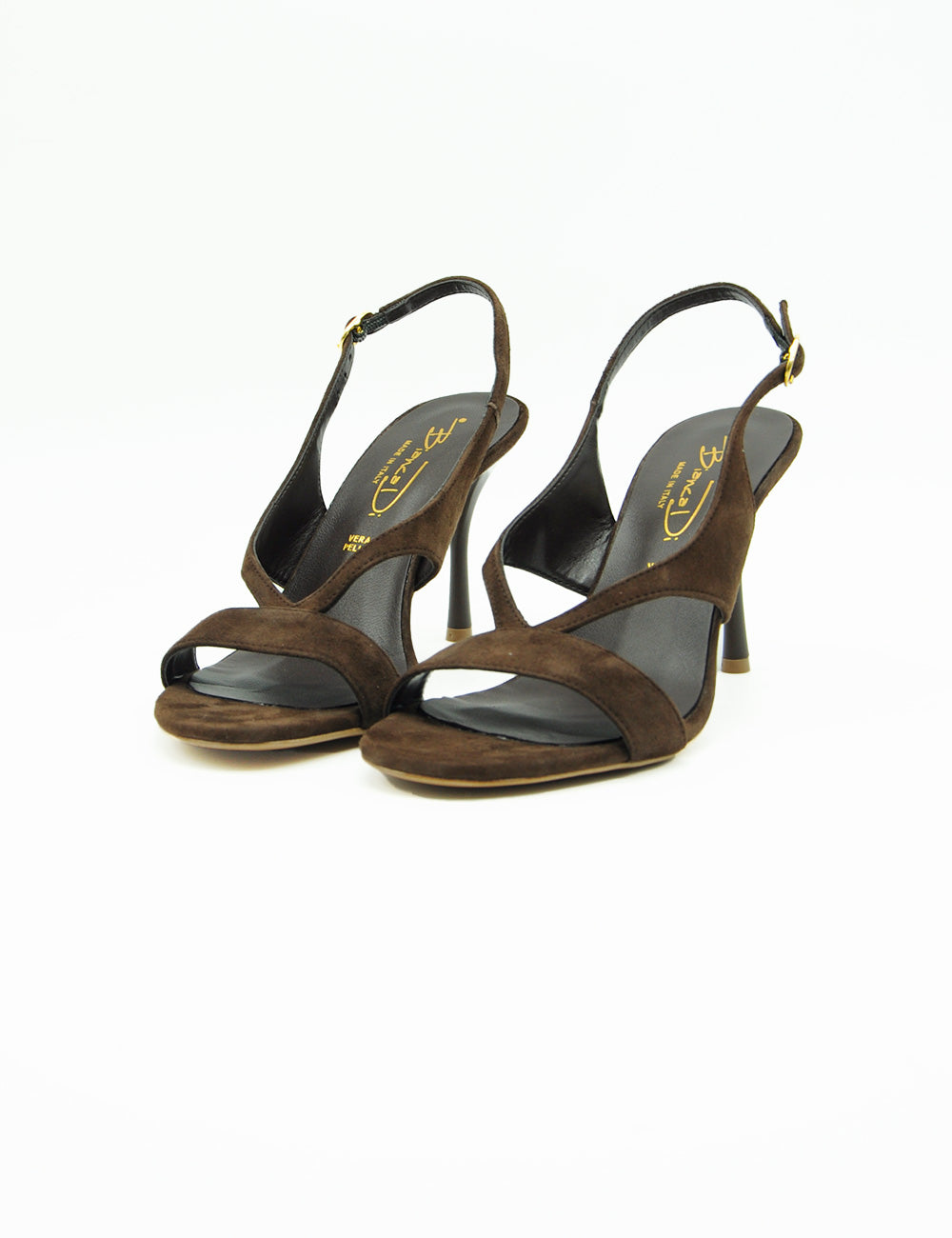 Sandali testadi suede marrone con fibbia oro e tacco sottile Bianca Di Sandalo Testa Moro