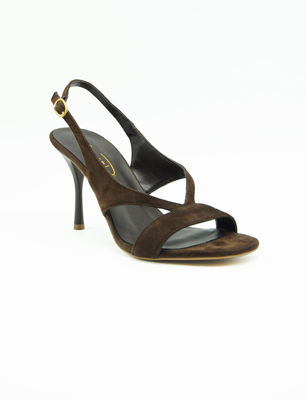 Bianca Di Sandalo Testa Moro: sandalina in suede marrone con fibbia oro