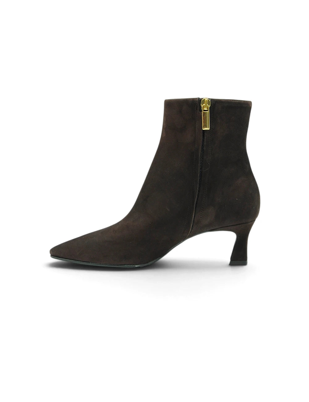 Bianca di stivaletto suede moro in camoscio moro scuro con punta a punta e tacco basso a blocco