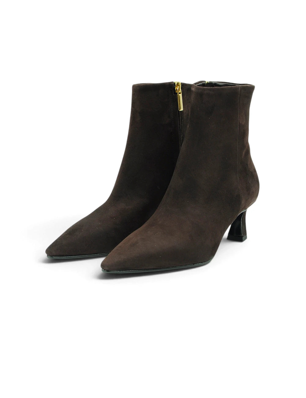 Bianca di stivaletto suede moro ankle boots in dark brown suede with pointed toe low block heel and gold inner zipper