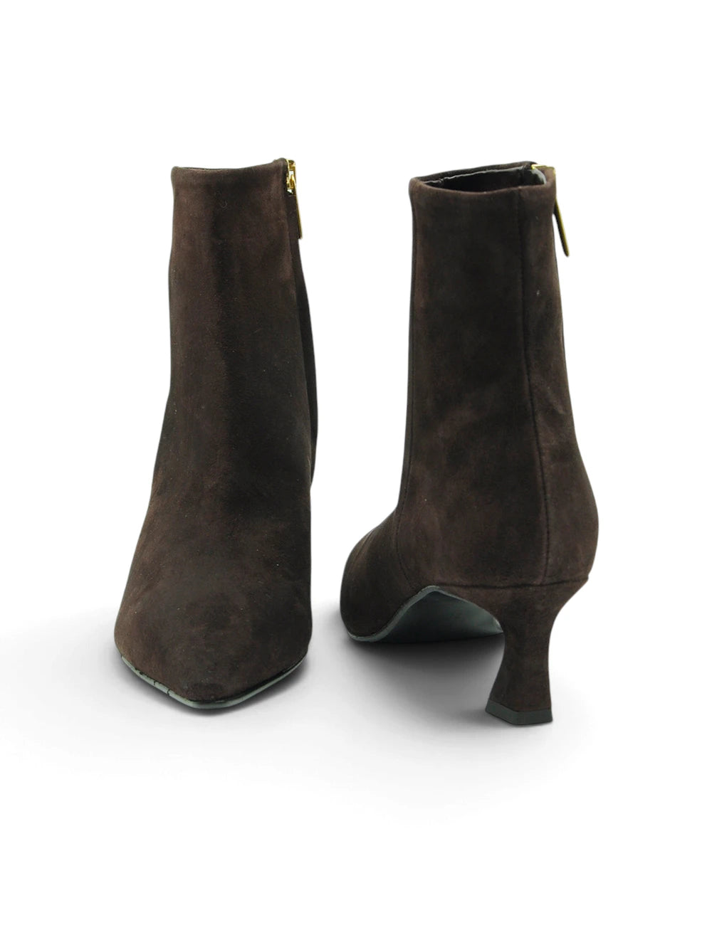 Dark brown suede ankle boots bianca di stivaletto suede moro with low heel and gold zipper accents