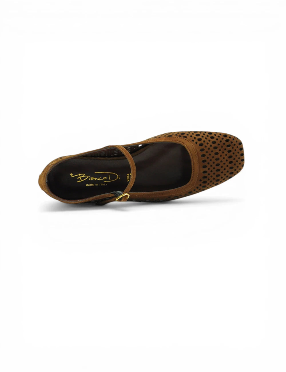 Scarpa mary jane in suede marrone con tomaia traforata e fibbia oro Bianca Di Ballerina Suede Choco