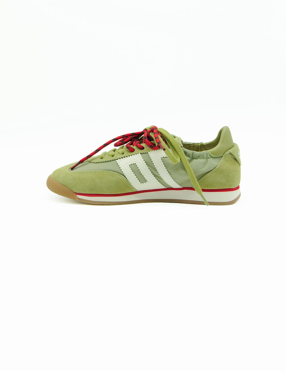 Sneaker Back 70 Rocket Cotton Olive in suede verde chiaro con strisce bianche e lacci rossi