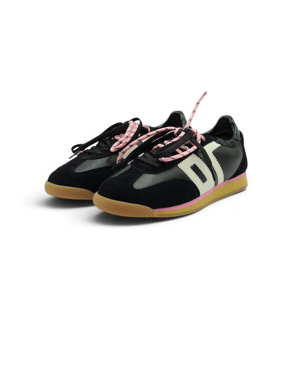 Scarpe back 70 sneakers rocket nappa black nere e rosa con tomaia in vernice lucida, inserti in suede e suola in gomma