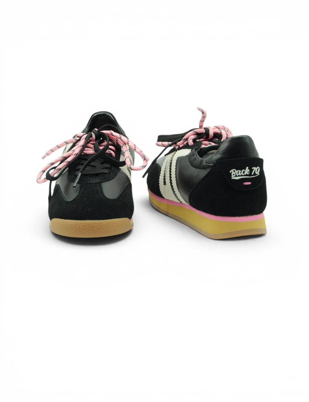 Black suede and leather back 70 sneakers rocket nappa black with white stripes pink laces and gum-colored sole seen from the back