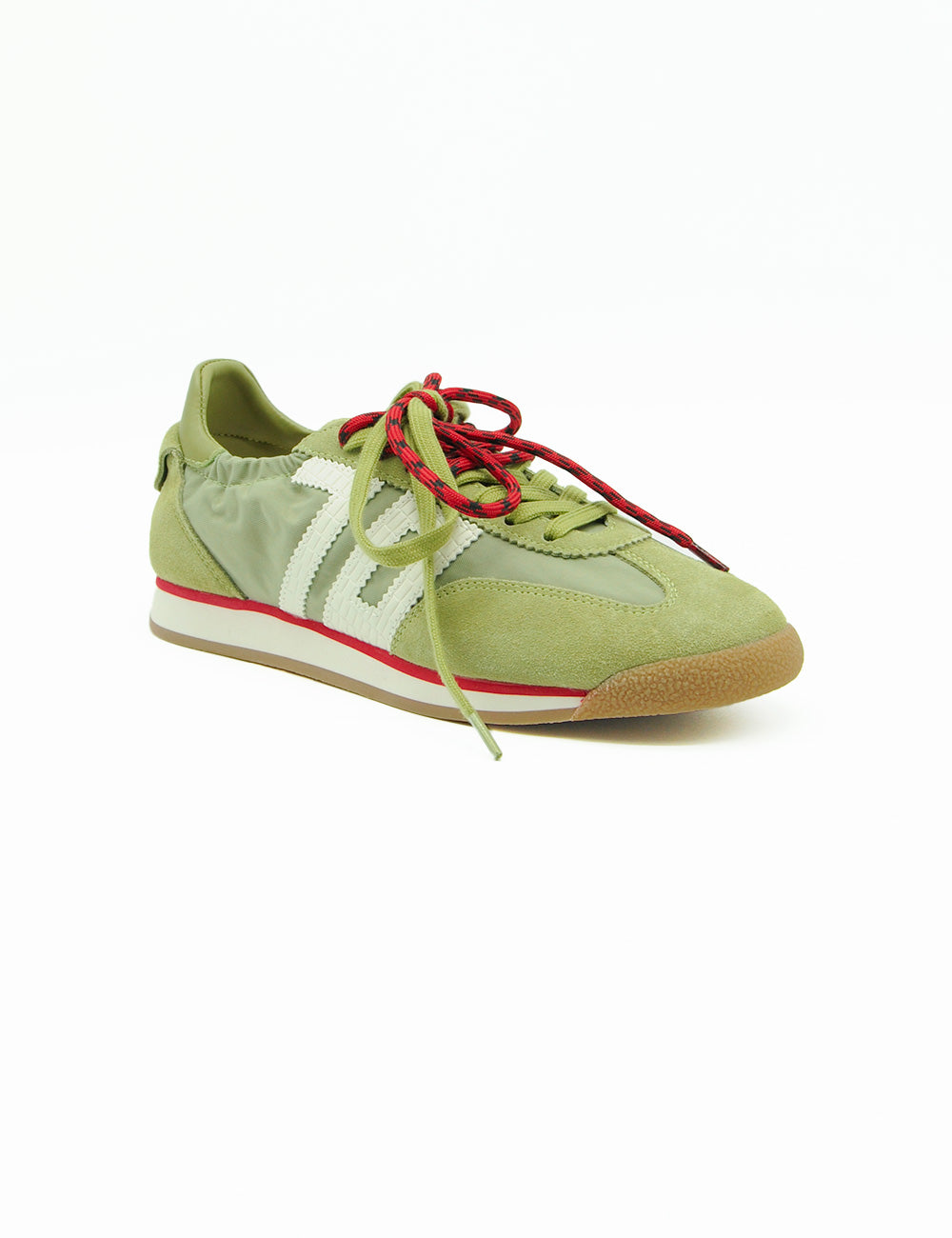 Sneaker Back 70 Rocket Cotton Olive in suede verde chiaro con strisce bianche e lacci rossi