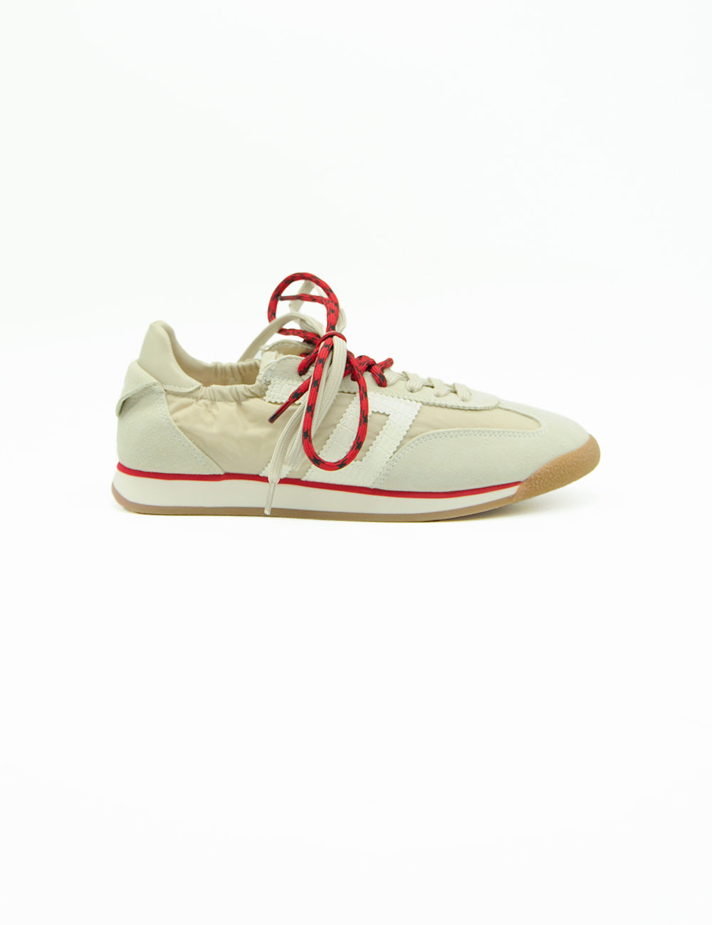 Sneaker Back 70 Rocket Cotton Sand: retro in suede crema, lacci rossi e striscia rossa sulla suola