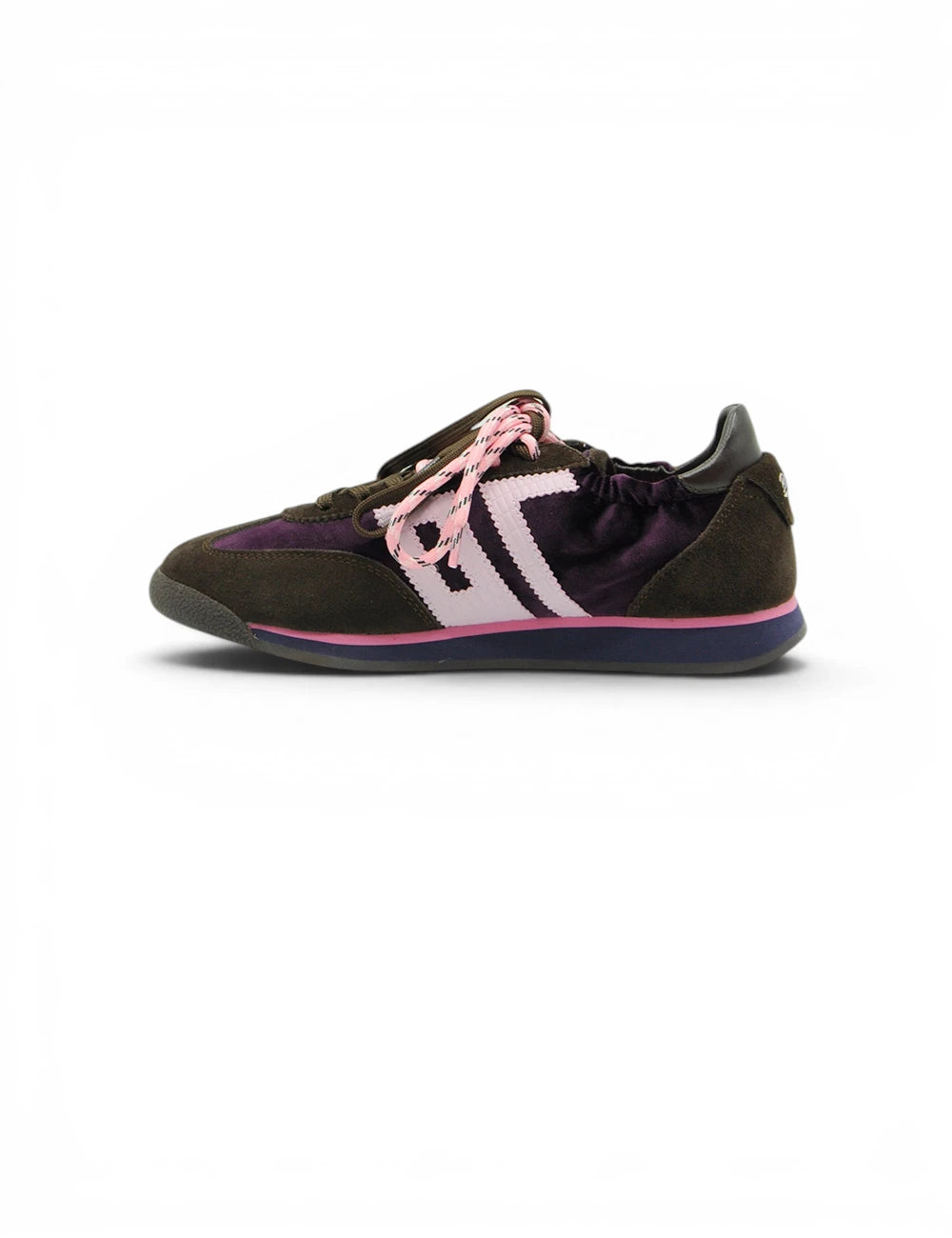 Dark olive suede back view sneaker with purple white geometric accents pink laces navy blue midsole back 70 sneakers rocket velvet purple