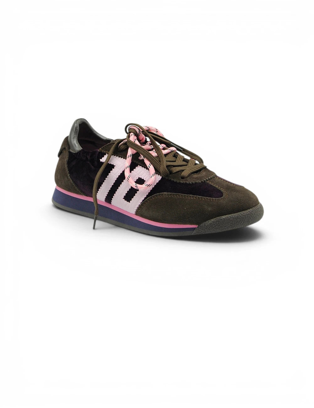 Brown suede back 70 sneaker with pink white striped accents olive green laces and navy blue midsole viewed from back