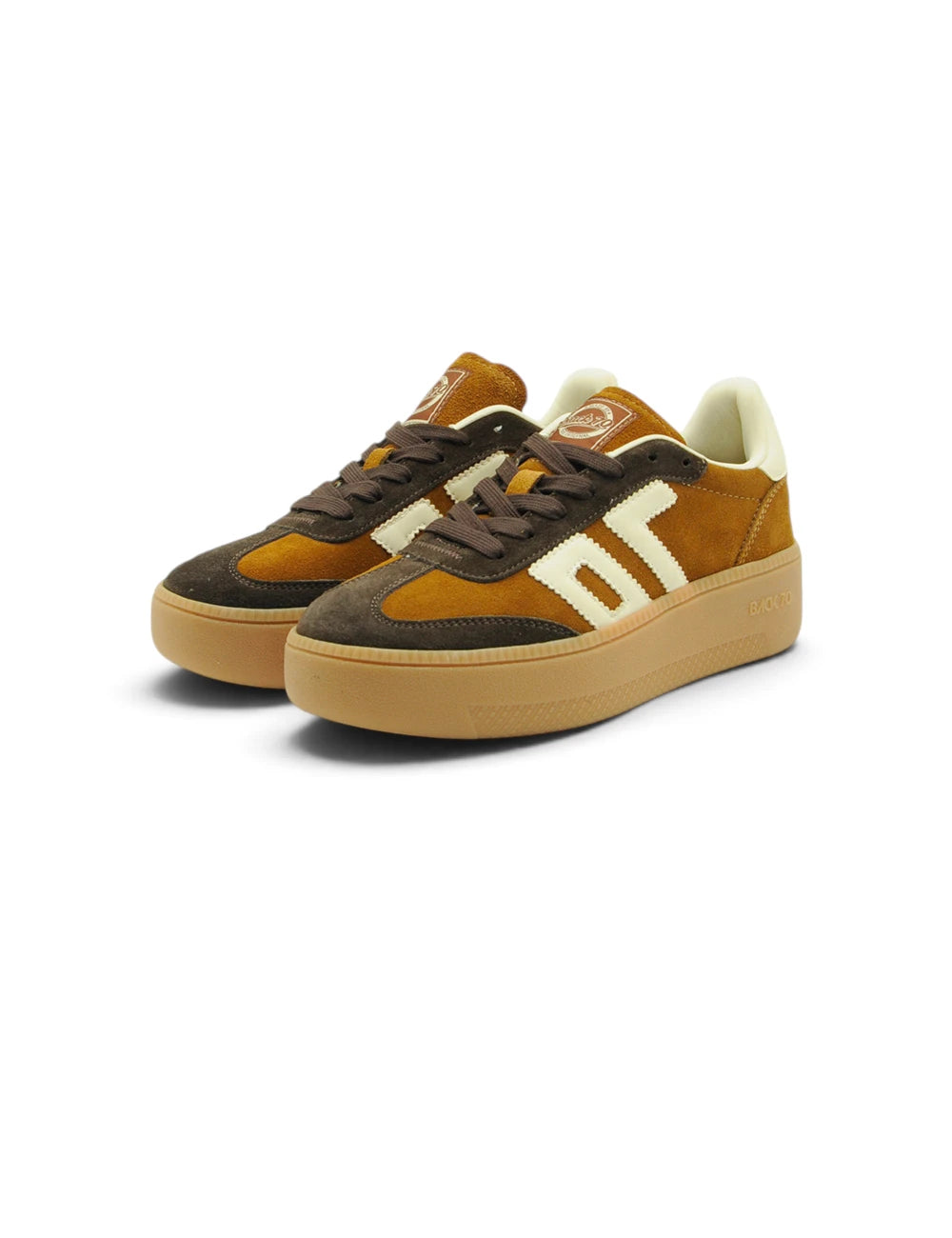 Brown and mustard suede back 70 sneakers xxl brown butter with cream accents and chunky rubber sole viewed from the back