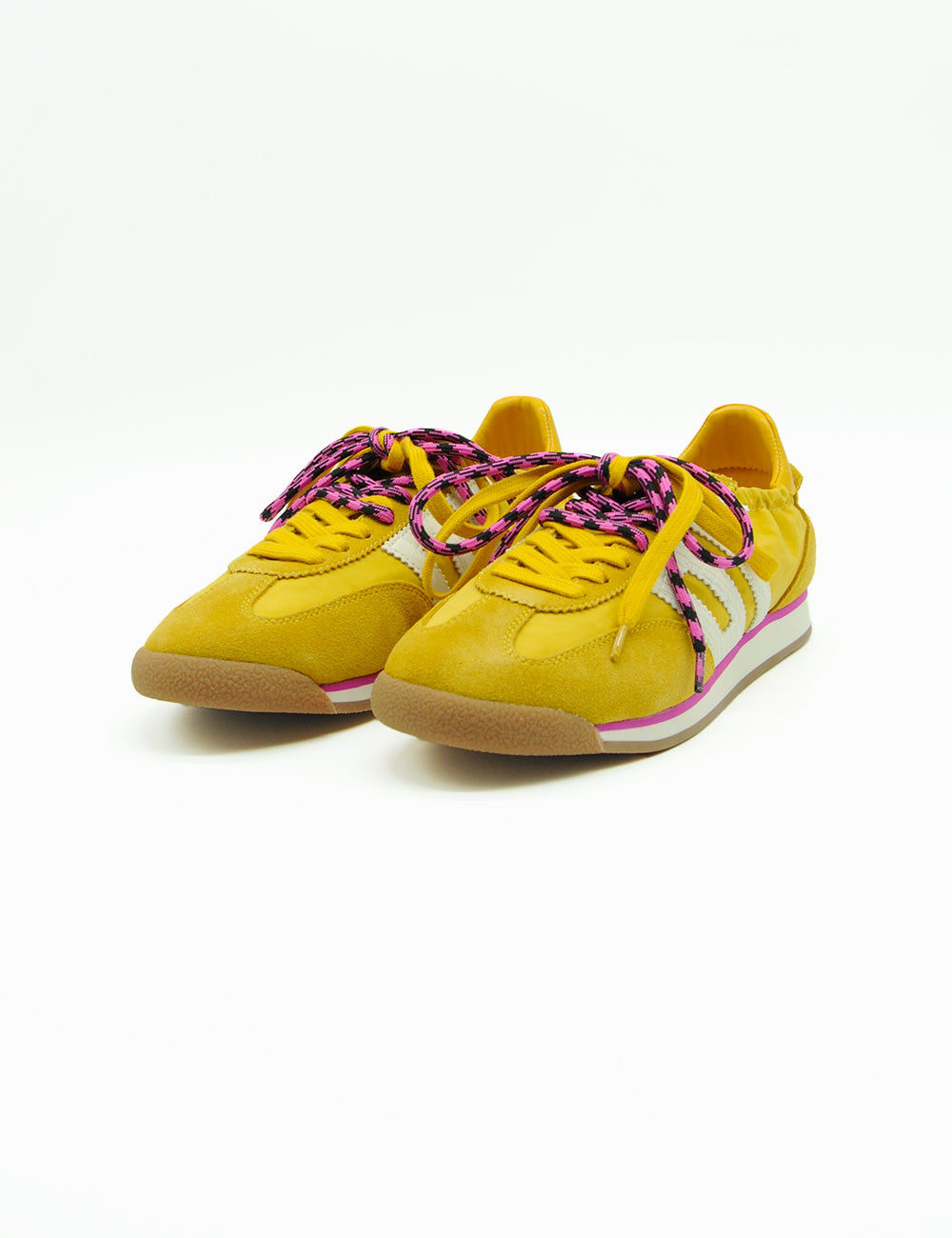Sneakers Back 70 Rocket Cotton Sun: retro giallo scamosciato con strisce bianche e lacci viola-gialli vivaci