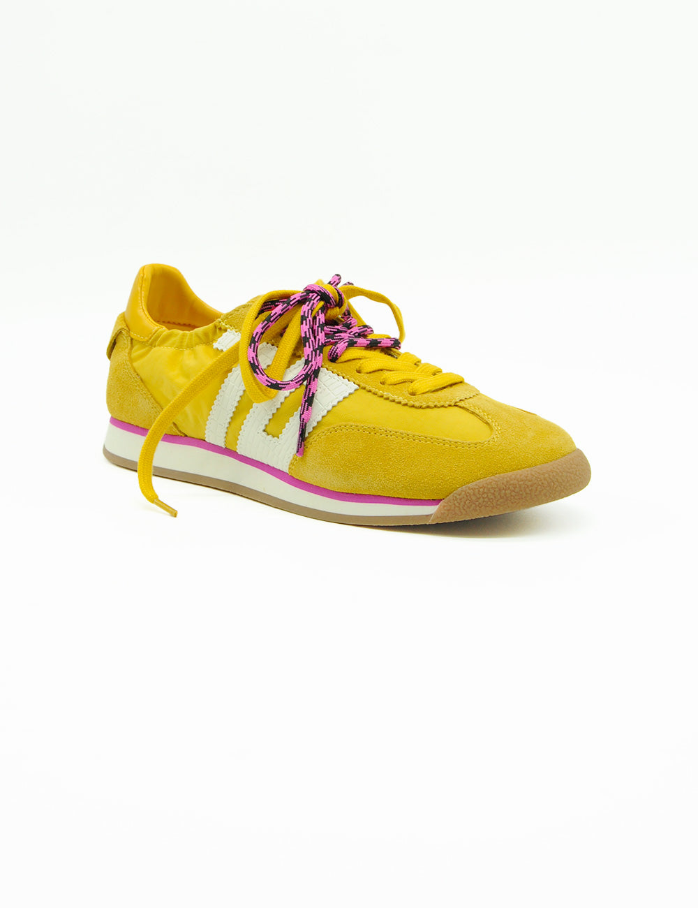 Sneaker Back 70 Rocket Cotton Sun: retro giallo scamosciato con strisce bianche e accenti rosa