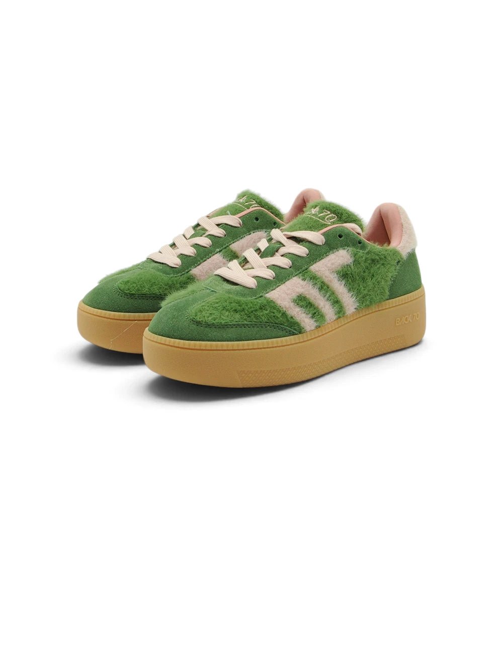 Sneakers back 70 xxl in mohair verde con tomaia in suede peloso, lacci e logo crema e suola in gomma tan