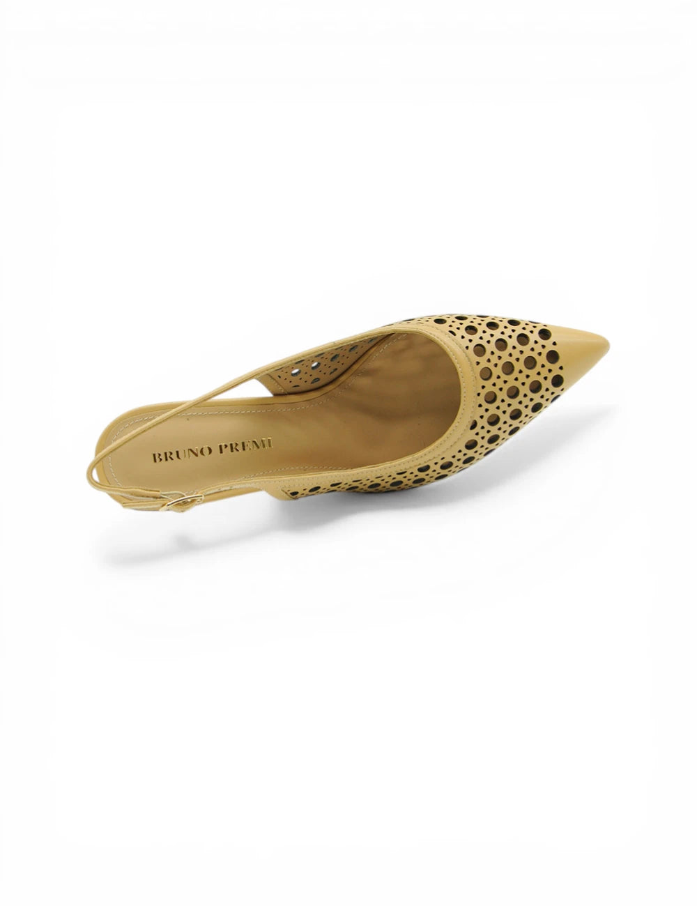 Décolleté Bruno Premi Almond in camoscio tan con tacco slingback, punta fina e perforazioni circolari