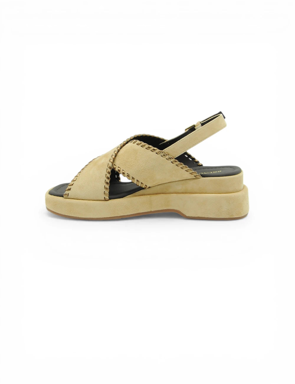 Sandalo Almond Bruno Premi in suede beige con piattaforma, cuciture oro e interno nero
