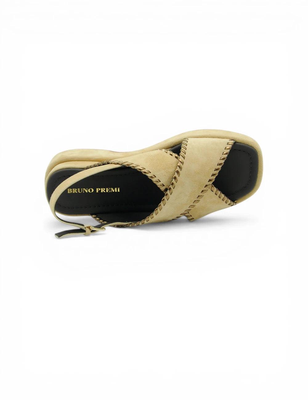Sandalo Almond Bruno Premi in suede beige con cinghie incrociate e cuciture oro