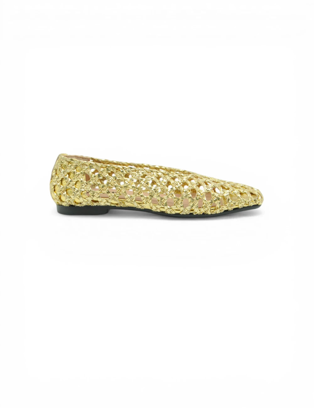 Carmens Ballerina Maya Plat Gold, scarpa piatta dorata intrecciata con suola nera in gomma