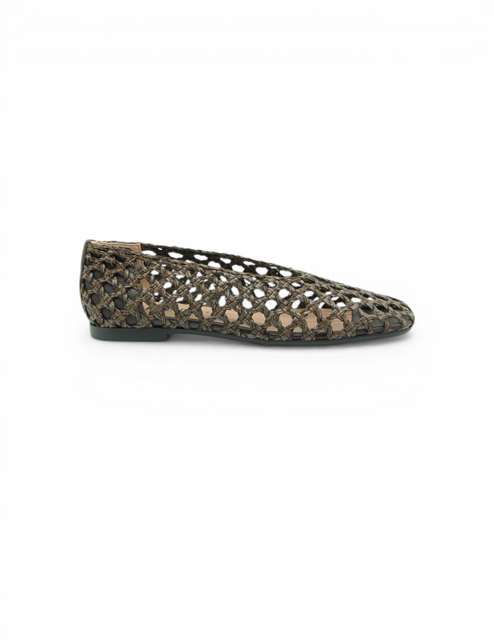 Carmen Ballerina Maya Plat Moro, scarpa flat verde oliva scuro intrecciata con suola nera