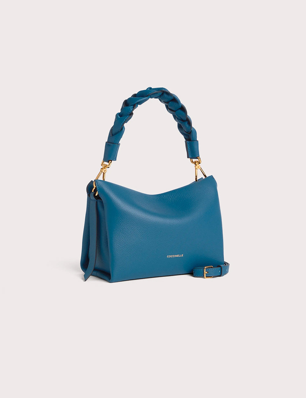 Borsa Coccinelle Boheme Small Deep Blue in pelle teal con manico intrecciato e hardware oro