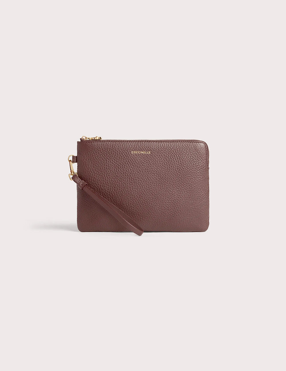 Brown textured leather wristlet with gold-tone zipper and clasp coccinelle c-me softy medium berry