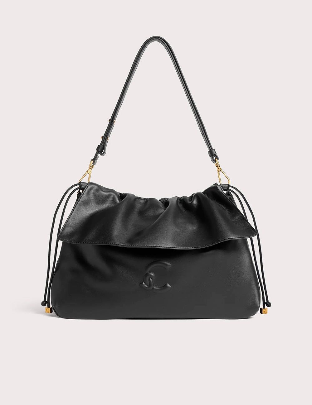 Black leather shoulder bag coccinelle lidia medium noir with drawstring closure and gold-tone hardware
