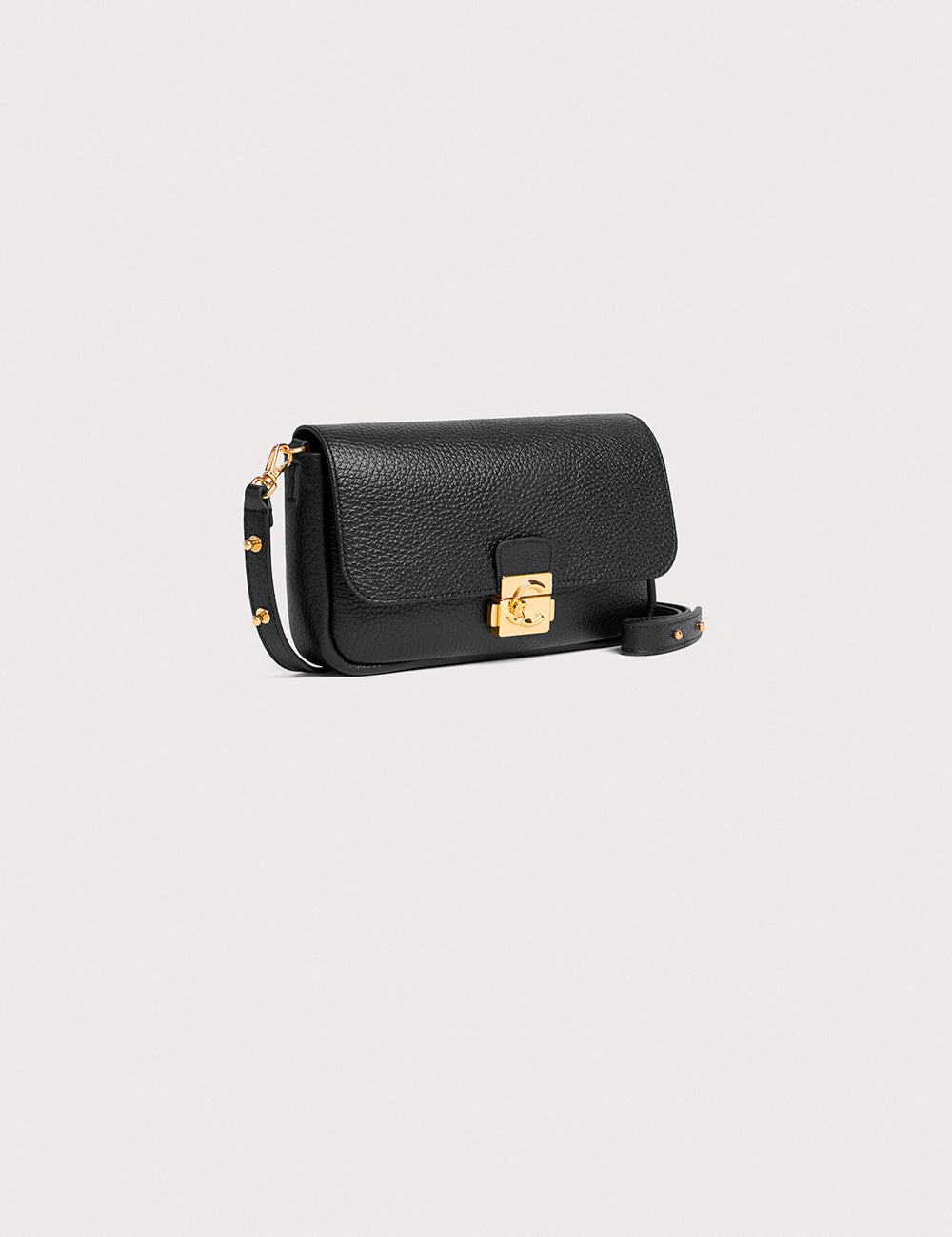 Borsa crossbody mini Coccinelle C-Me Lock Noir in pelle nera ciottolata con catena borchie oro