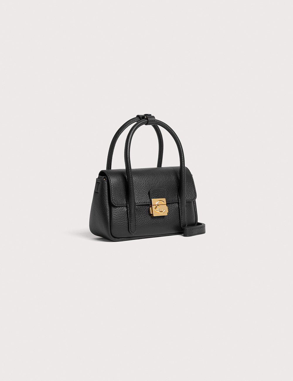 Borsa mini in pelle nera testurizzata Coccinelle C-Me Lock Noir con chiusura e manici oro
