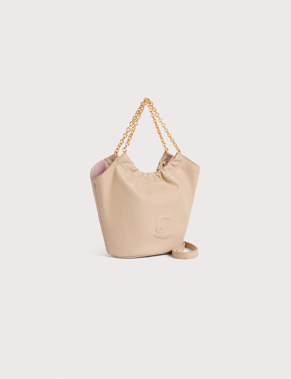 Borsa a secchiello Coccinelle Smash Mini Sandshell in pelle beige con tracolla catena oro
